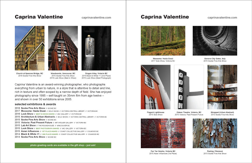 Photographer Caprina Valentine Artist Bio Sooke Fine Arts Show 2018